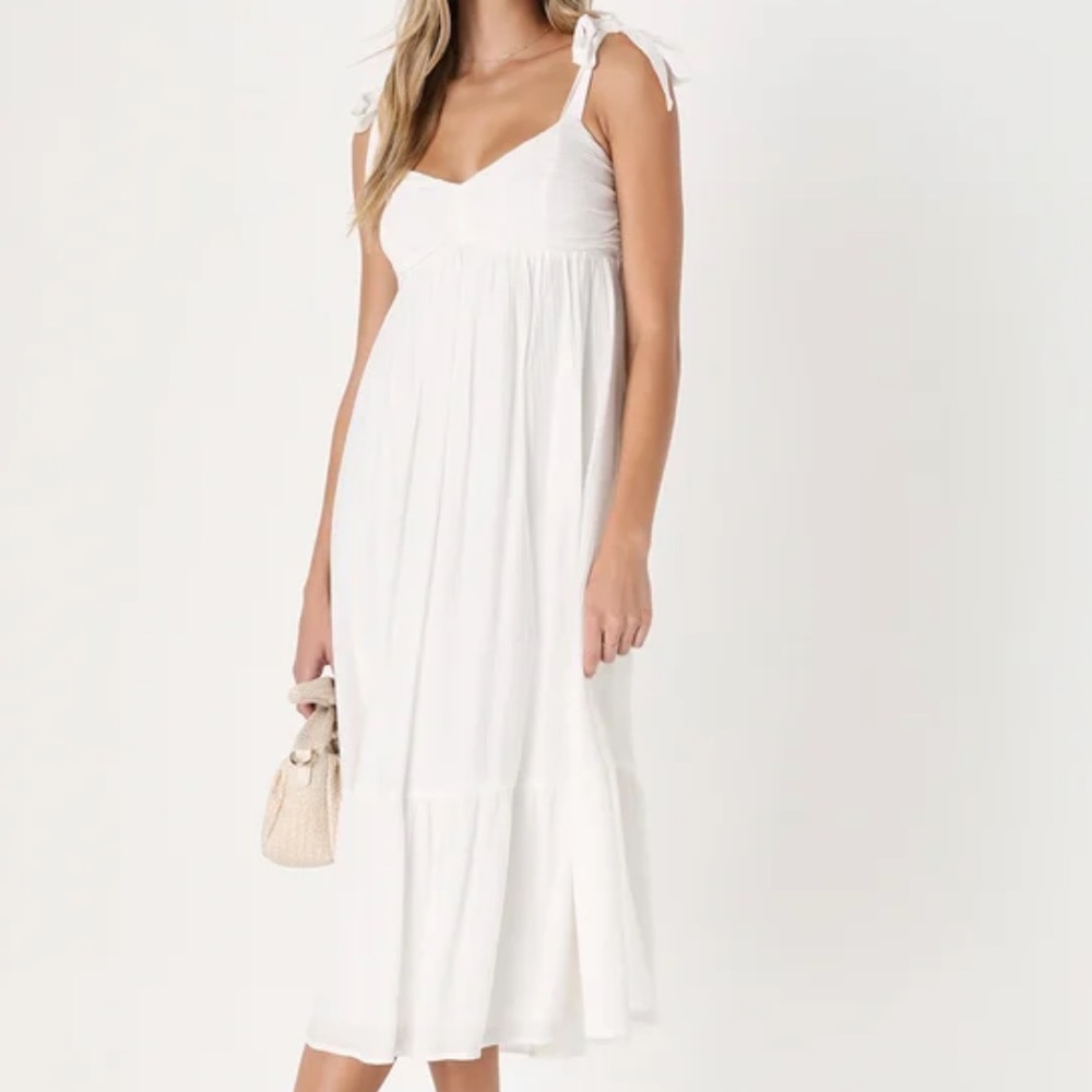 Lulu’s Romantic in Rome White Tie-Strap Empire Waist Midi Dress | Size Women’s S